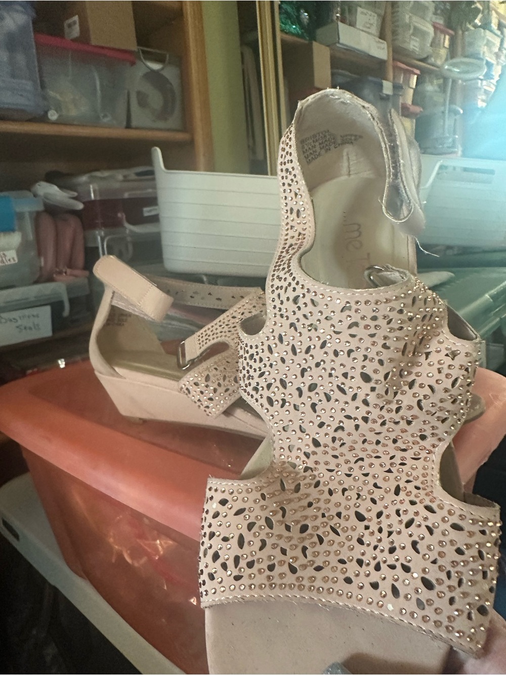 me too Blush copper Crystal-Studded Wedge Sandals
